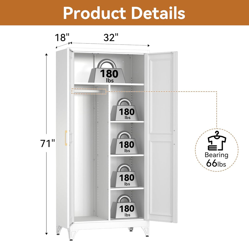 Polup Metal Armoire Wardrobe Closet, 71" Tall Wardrobe Cabinet with 2 Doors | Heavy Duty Steel Clothing Storage Cabinet with Hanging Rod & 3 Adjustable Shelves for Bedroom, Office, Broom Closet, White