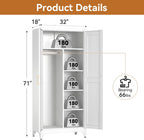 Polup Metal Armoire Wardrobe Closet, 71" Tall Wardrobe Cabinet with 2 Doors | Heavy Duty Steel Clothing Storage Cabinet with Hanging Rod & 3 Adjustable Shelves for Bedroom, Office, Broom Closet, White