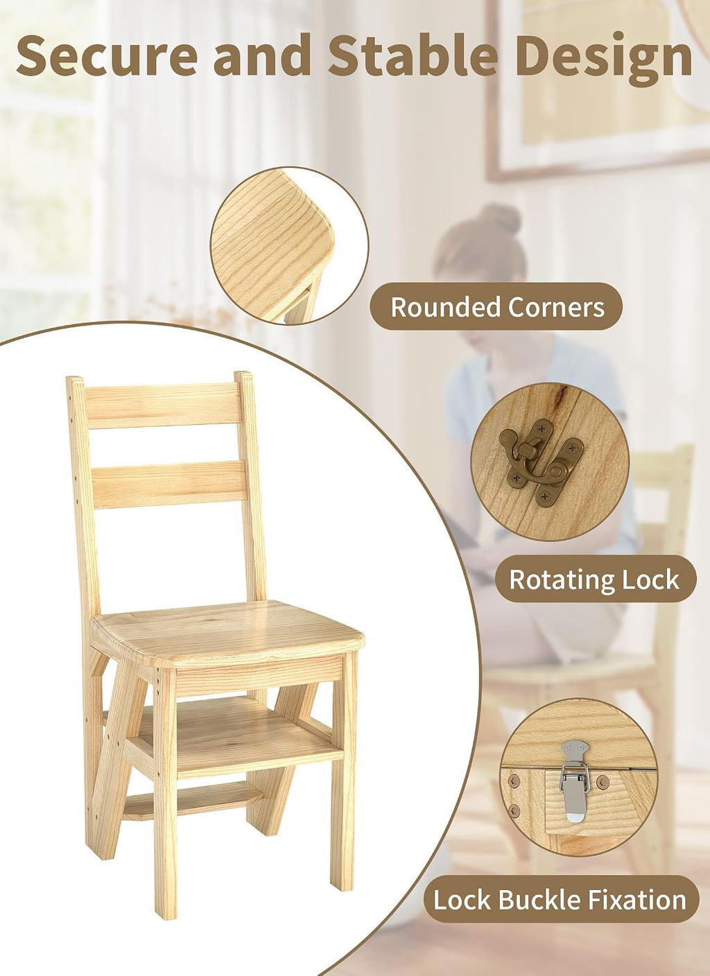 Baoz 3-in-1 Wooden Library Ladder, 4 Tier Folding Ladder, Convertible Step Stool & Display Rack with Lock Buckle Fixation, 300lbs Capacity Step Stool for Kitchen, Library, Office