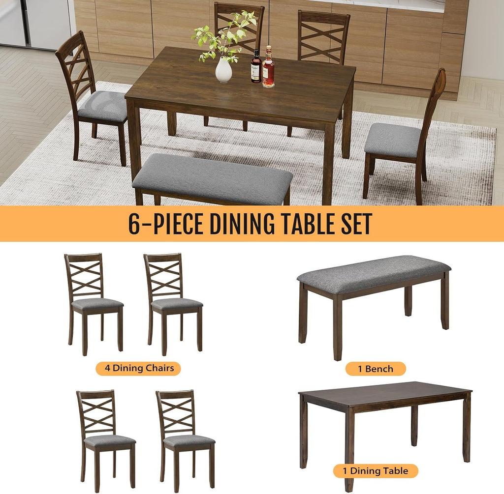 Zevemomo 6-Piece Solid Wood Dining Table Set, Includes 1 Dining Table, 4 Upholstered Chairs and 1 Bench, Wooden Legs Dining Table Set for Dining Room, Kitchen, Restaurant, Walnut