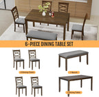Zevemomo 6-Piece Solid Wood Dining Table Set, Includes 1 Dining Table, 4 Upholstered Chairs and 1 Bench, Wooden Legs Dining Table Set for Dining Room, Kitchen, Restaurant, Walnut