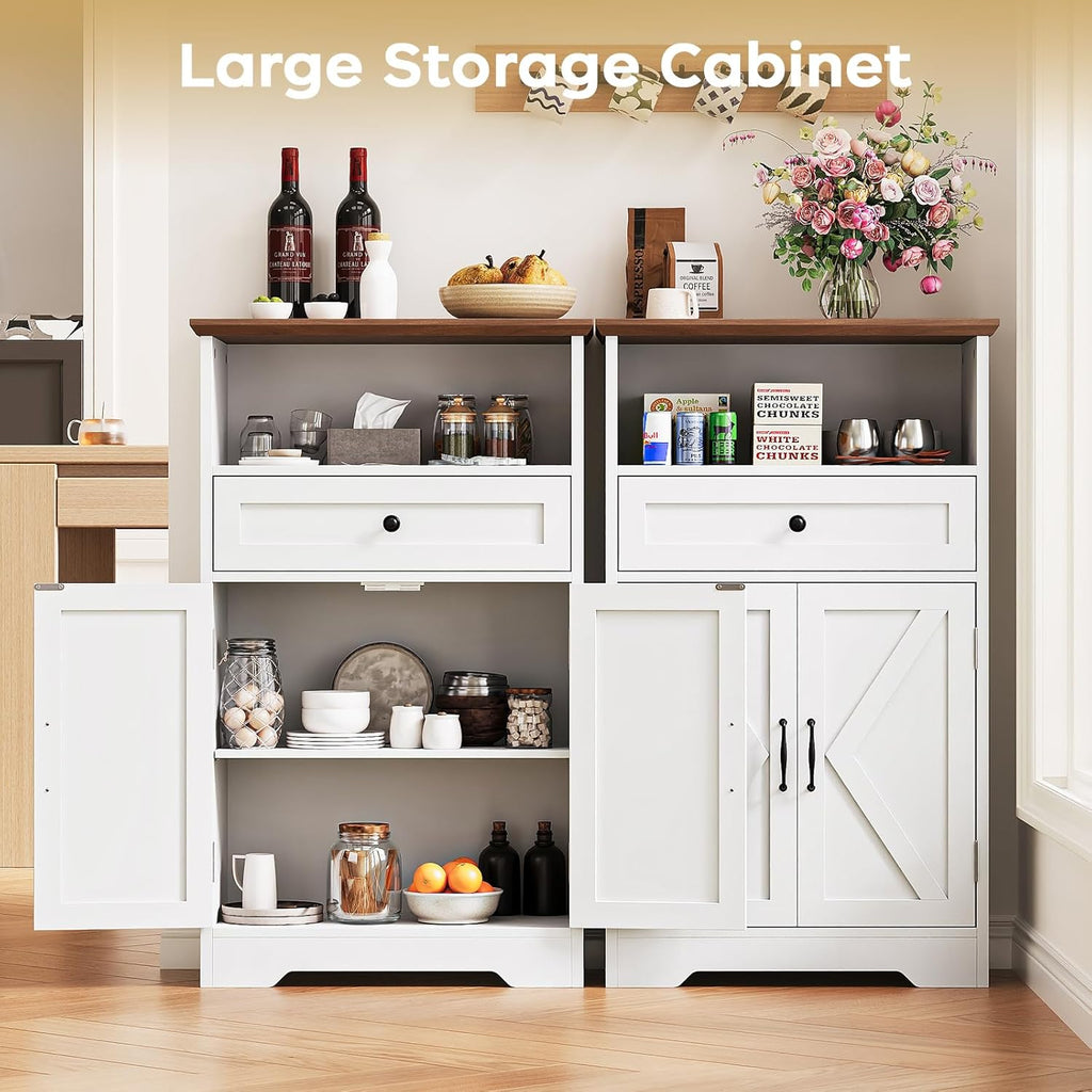 Floor Cabinet, Farmhouse Storage Cabinet with Barn Doors and Drawer, 11.81" D x 23.62" W x 39.37" H White Freestanding Adjustable Shelf Organizer for Bathroom, Kitchen, Living Room