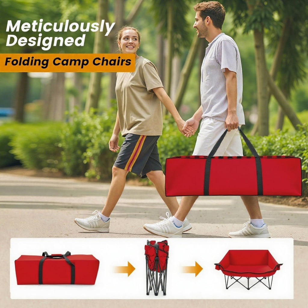 Heated Double Camping Chair, Padded Camping Couch with 3 Heat Levels and 4 Heating Zones, Oversized Camp Loveseat Support 800lbs for Soccer Games, Tailgating, RV Travel, Beach Days（Not Battery）