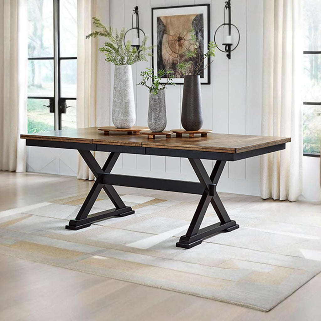 Signature Design by Ashley Wildenauer Extendable Dining Table, Farmhouse | Hardwood solids, Mango wood veneer, MDF substrate, Trestle base, Self-storing butterfly leaf, Seats 8, 60 to 78 inch length