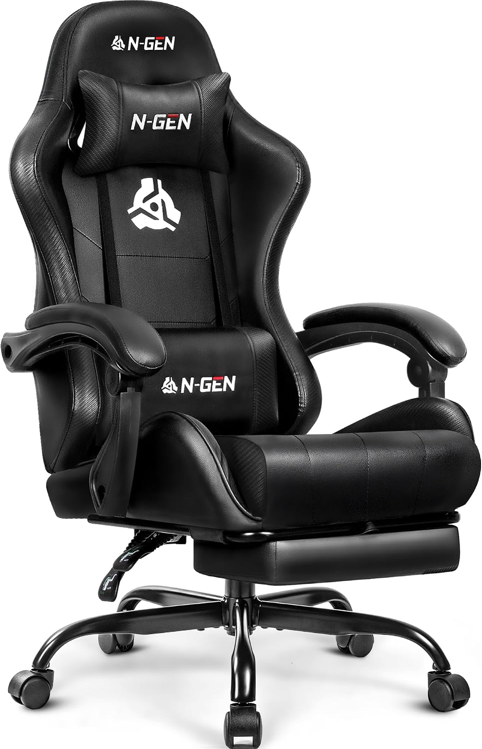 N-GEN GAMING Gaming Chair with Footrest, Lumbar, High-Back, All Black | Reclining Backrest, Linkage Armrests, Durable PU Leather, Adjustable Comfort for Extended Computer, Desk, or Home Office Use
