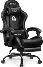 N-GEN GAMING Gaming Chair with Footrest, Lumbar, High-Back, All Black | Reclining Backrest, Linkage Armrests, Durable PU Leather, Adjustable Comfort for Extended Computer, Desk, or Home Office Use