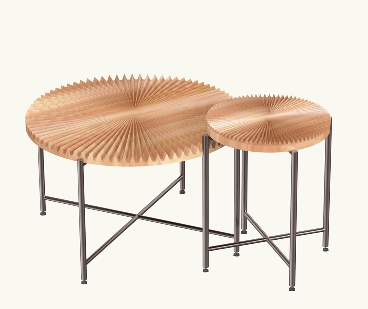 2-Piece Rustic Coffee Table and End Side Table Set, Radial Pattern Waterproof MDF Tabletop with PVC Cover, Distressed Cylindrical Shape, Black Metal Legs, Living Room Accent Furniture,Red Cedar-Brown