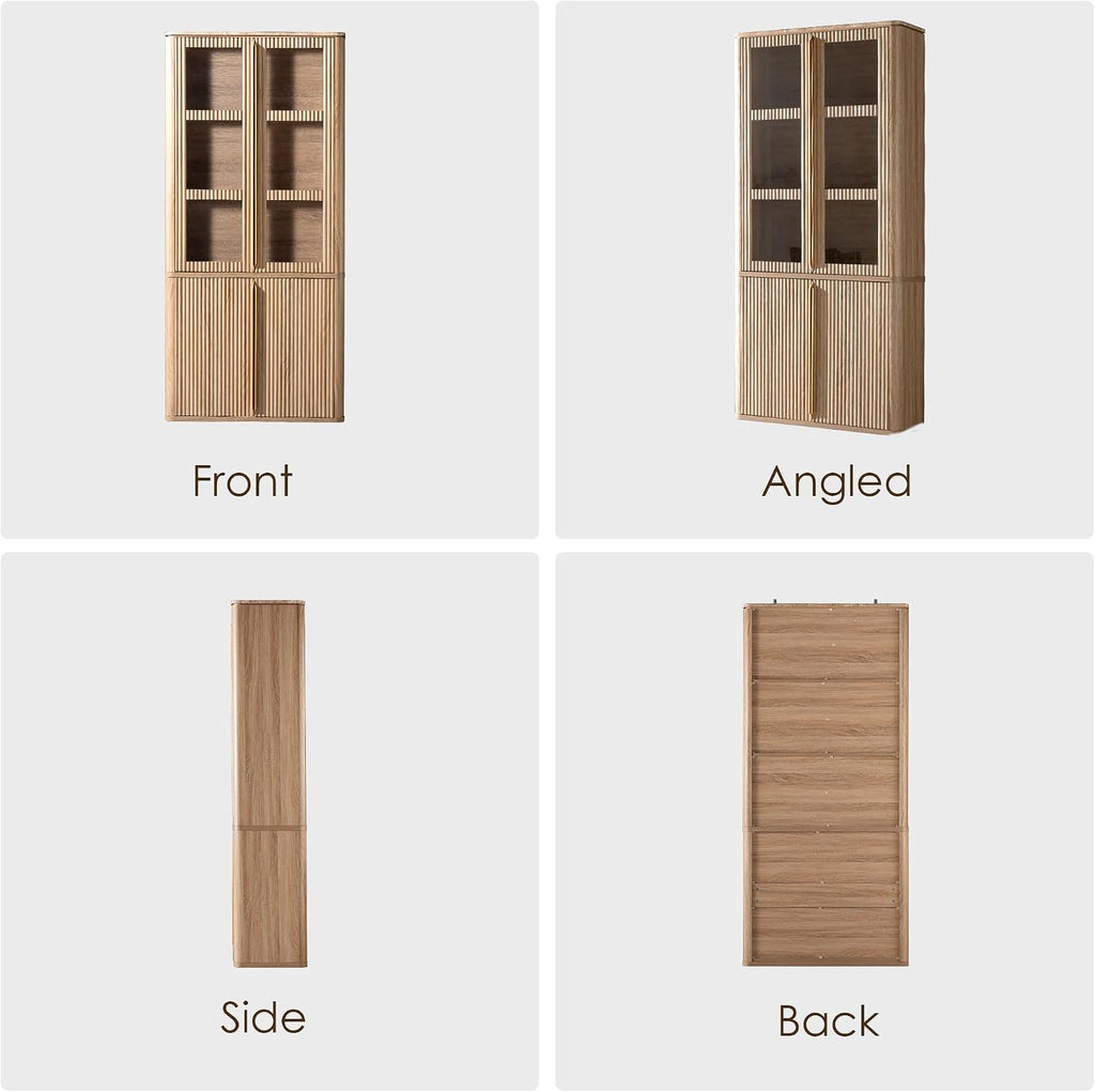 77" Tall Pantry Cabinets with Glass Doors, Fluted Storage Cabinet, Oak 1pc | Wooden Kitchen Food Cupboard, Adjustable Shelves, Modern Display Storage Closet for Living Room, Dining Room, Office