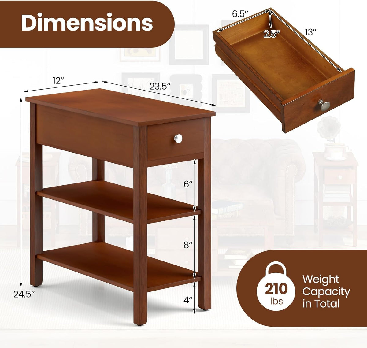 Giantex Narrow End Table, Farmhouse Side Tables with Drawer & Storage Shelves, Wood Sofa Side Tables, 3-Tier Nightstands for Small Space, Living Room, Bedroom, 23.5" L x 12" W x 24.5" H, Brown