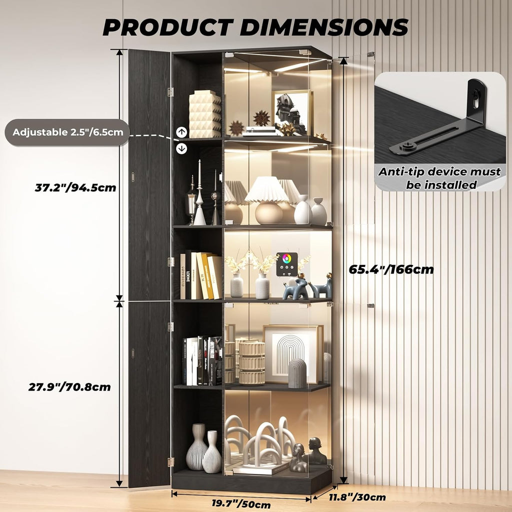 VersionTECH. Glass Display Cabinet with RGB Lights, 5-Tier Curio Cabinets with Glass Doors for Collectibles, Display Case with Adjustable Shelves, Human Sensor, Charging Station, Mirror Backing, Black