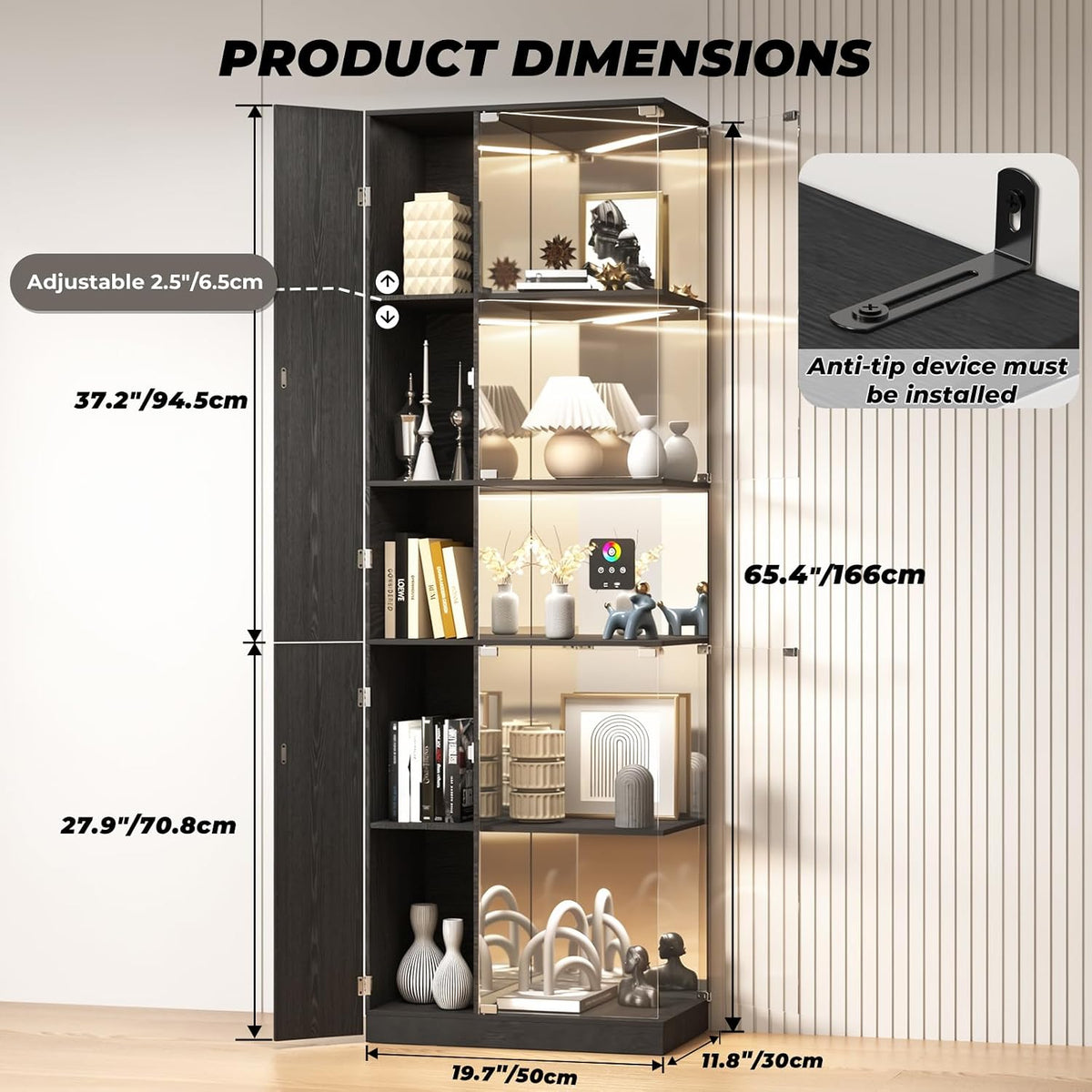 VersionTECH. Glass Display Cabinet with RGB Lights, 5-Tier Curio Cabinets with Glass Doors for Collectibles, Display Case with Adjustable Shelves, Human Sensor, Charging Station, Mirror Backing, Black