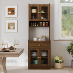 Kitchen Pantry Cabinet with Hutch, Walnut Farmhouse Storage Buffet Sideboard, Coffee Bar Station with Drawer & Glass Doors for Dining Room, Kitchen, Living Room, 70.87" Tall