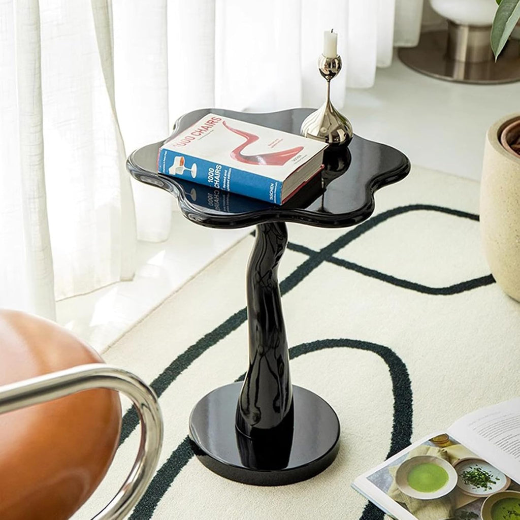 Flower Shape Sofa Side Table, Tray Top Wood Small End Table, Elegant Round Pedestal Accent Coffee Tables for Living Room Bedroom Balcony(51x43cm(H20.1 xD16.9), Black)