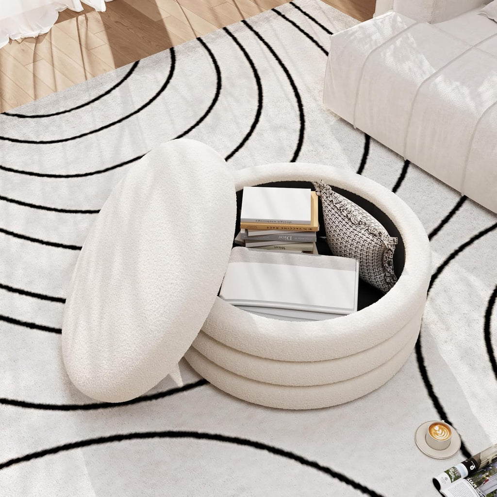 FiveWillowise 30 Inch Round Ottoman with Storage,Large Sherpa Coffee Table | Modern Ottomans with Removable Lid Tray,Multi-Functional,Cozy Foot Rest for Couch,Living Room,Bedroom,Makeup Room,Cream White