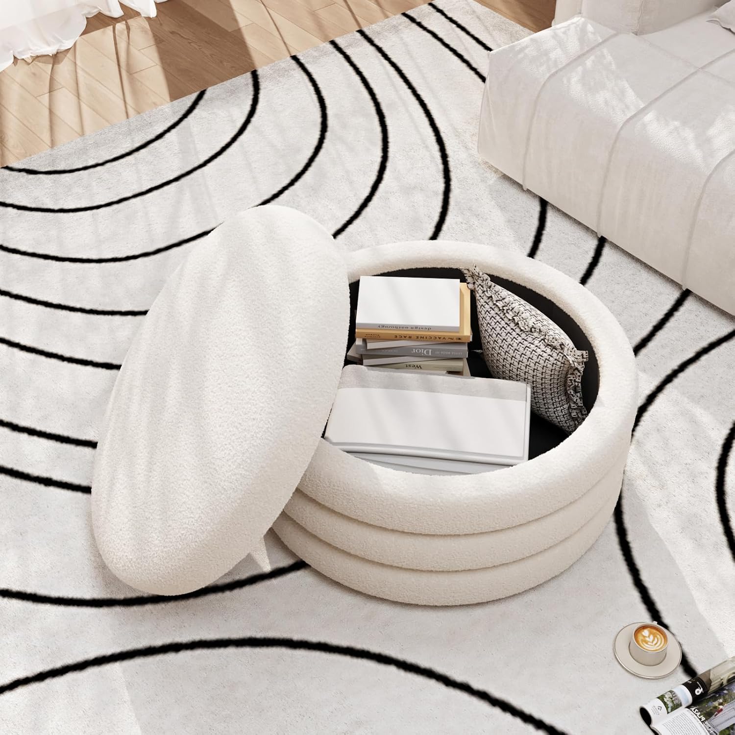 FiveWillowise 30 Inch Round Ottoman with Storage,Large Sherpa Coffee Table | Modern Ottomans with Removable Lid Tray,Multi-Functional,Cozy Foot Rest for Couch,Living Room,Bedroom,Makeup Room,Cream White