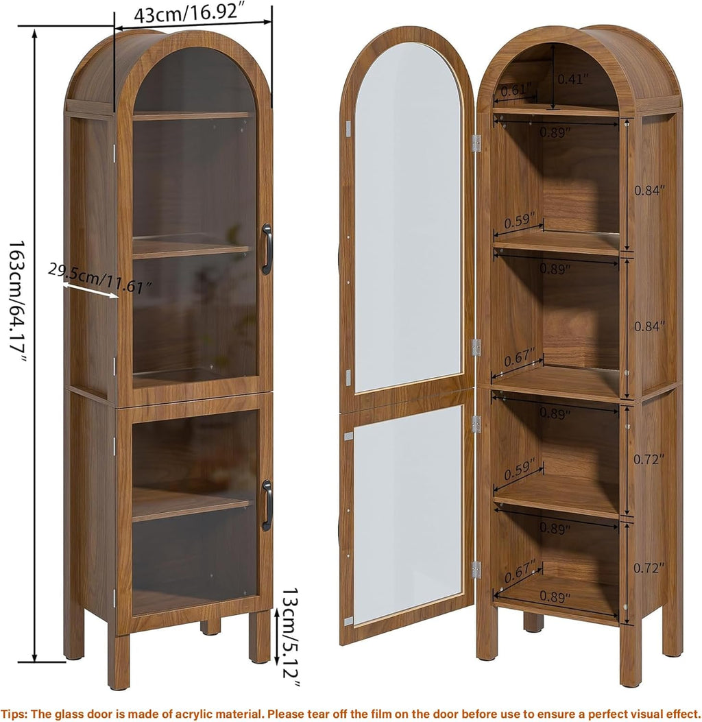Lxsxlome 64'' Arched Display Cabinet with Acrylic Glass Doors, Walnut