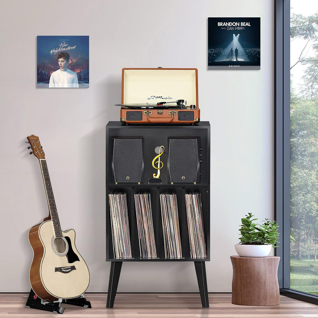 Lerliuo Record Player Stand, Black Turntable Stand Holds up to 160 Albums | Mid-Century Vinyl Storage Cabinet Table,Solid Wood Legs, Record Player Holder Dispaly Shelf for Bedroom Living Room