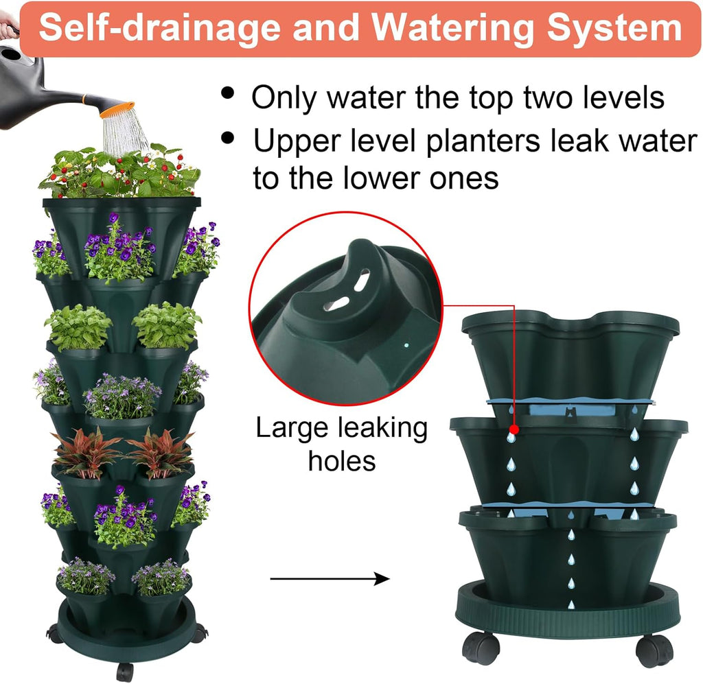 Vertical Planter 7 Tier Stackable Planters Garden Planters Strawberry Herb Flower and Vegetable Planter Indoor Outdoor Gardening Pots with Removable Wheels and Tools 2-Pack