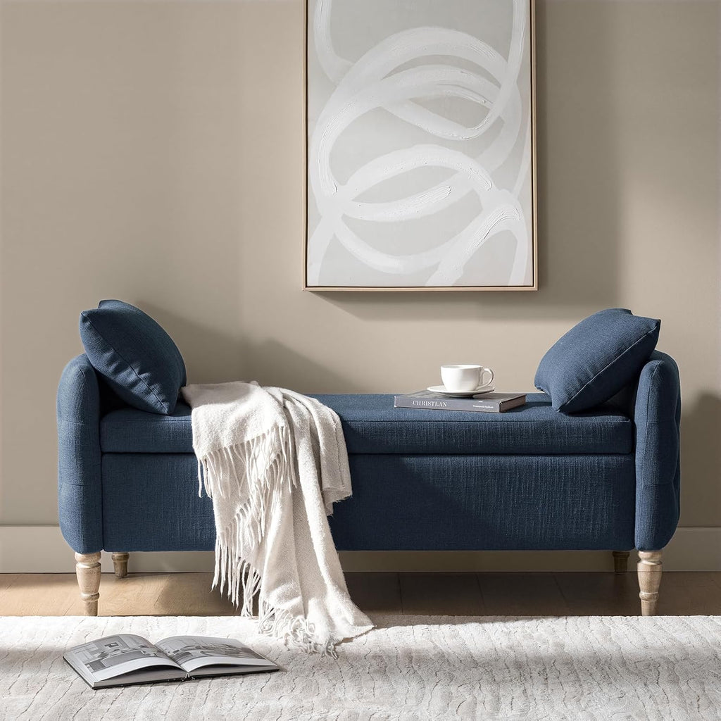 HULALA HOME Storage Bench for Bedroom with Throw Pillows, 59" Large Bedroom Ottoman Bench with Solid Wood Frame, Comfy Upholstered Footstool with Flip-top for Living Room, Entryway, Indigo