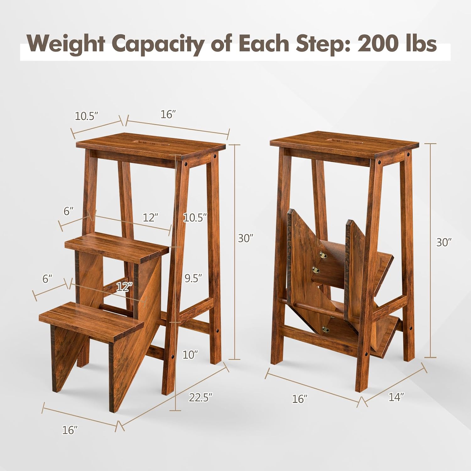 Giantex 3 Tier Folding Step Ladder, Multifunction 3-in-1 Wood Step Stool, Display Ladder and Storage Shelf for Library, Home Kitchen, Household Work, Coffee