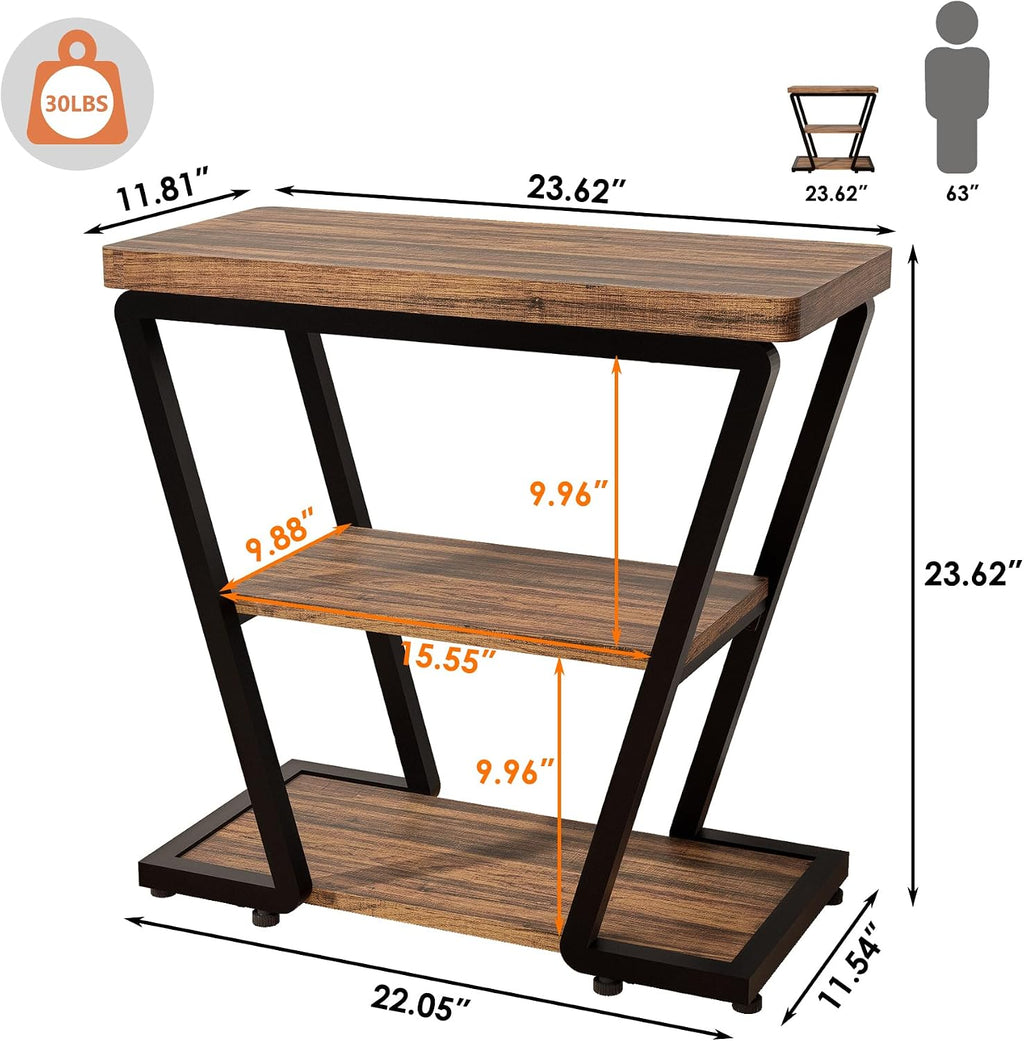 Narrow End Table for Small Spaces, 3-Tier Sofa Side Table with Storage Shelf, Wood and Metal Nightstand for Living Room Bedroom, Rustic Brown