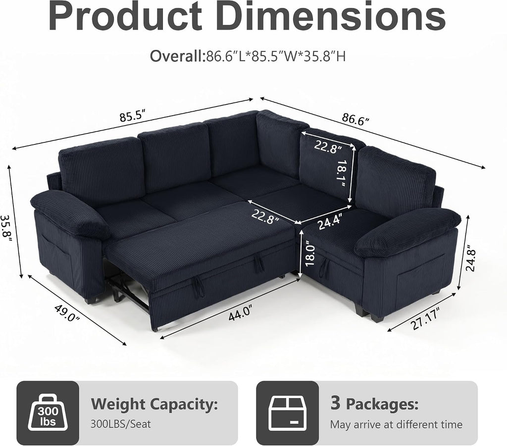 86″ Sectional Sleeper Sofa with Pull Out Bed, Modular Sectional Couch with Storage