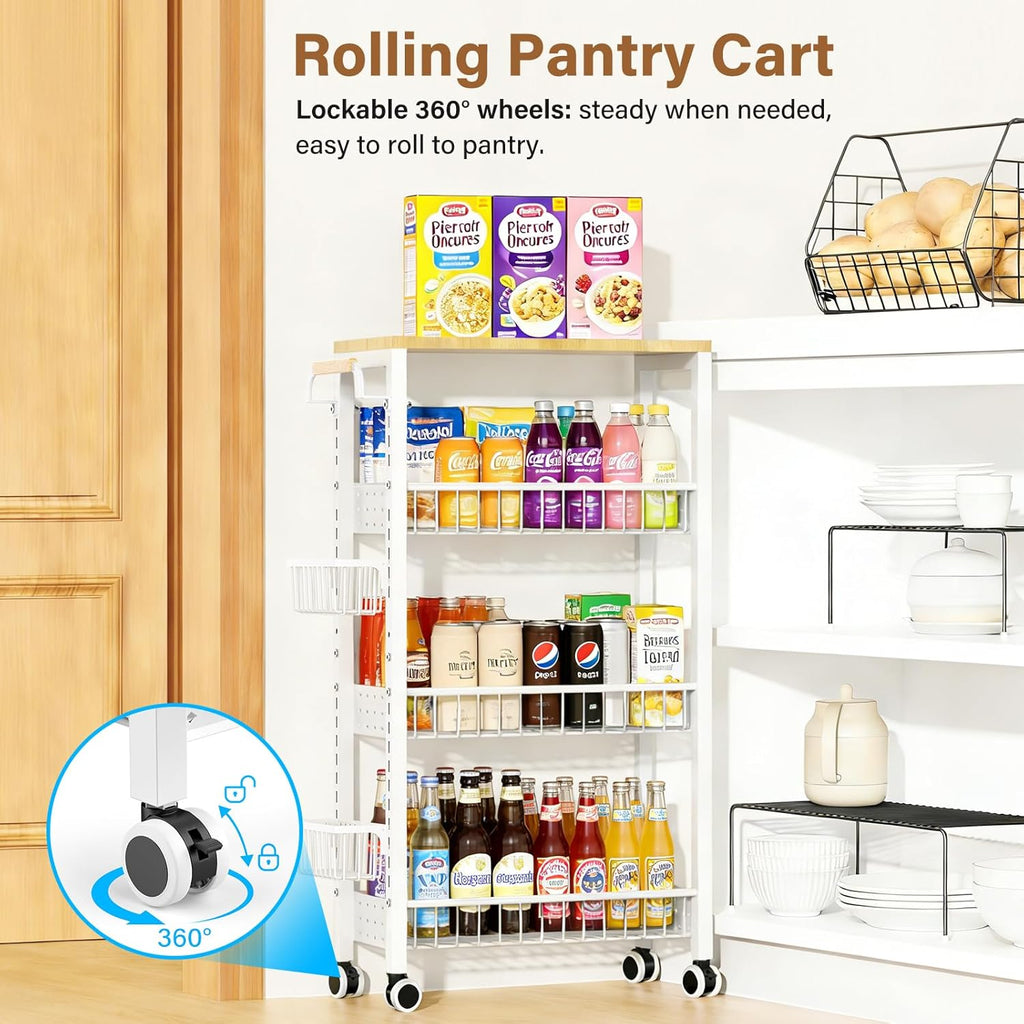 7.8 Inch Ultra-Slim 4-Tier Rolling Storage Cart with Adjustable Shelves - Lockable Wheels & Wooden Top for Narrow Spaces Between Washer/Dryer, Bathroom, Kitchen Organization (White)