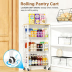 7.8 Inch Ultra-Slim 4-Tier Rolling Storage Cart with Adjustable Shelves - Lockable Wheels & Wooden Top for Narrow Spaces Between Washer/Dryer, Bathroom, Kitchen Organization (White)