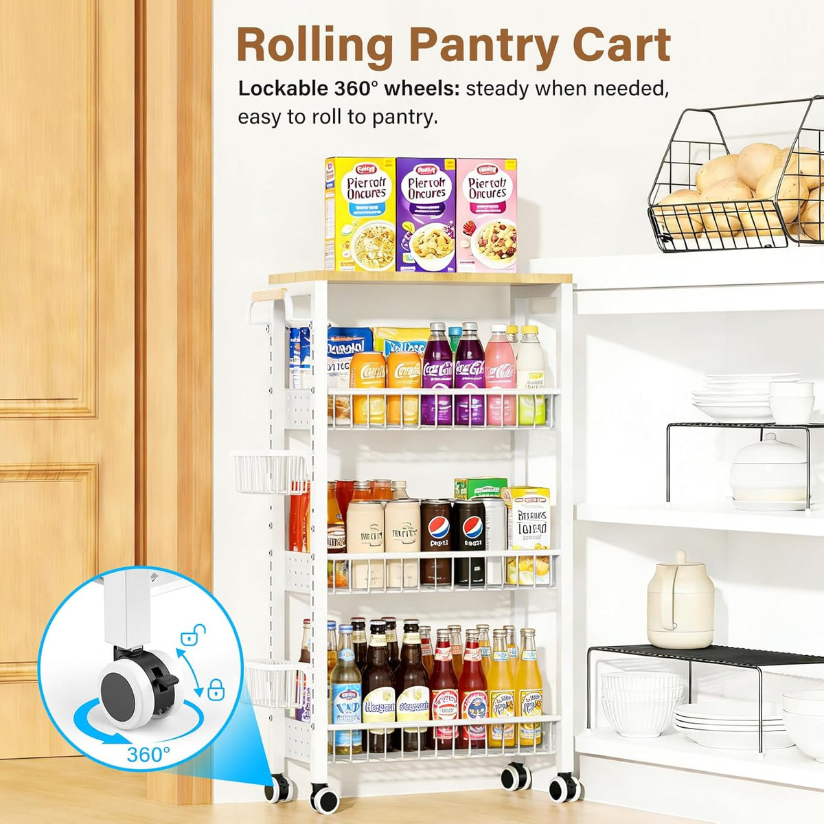 7.8 Inch Ultra-Slim 4-Tier Rolling Storage Cart with Adjustable Shelves - Lockable Wheels & Wooden Top for Narrow Spaces Between Washer/Dryer, Bathroom, Kitchen Organization (White)