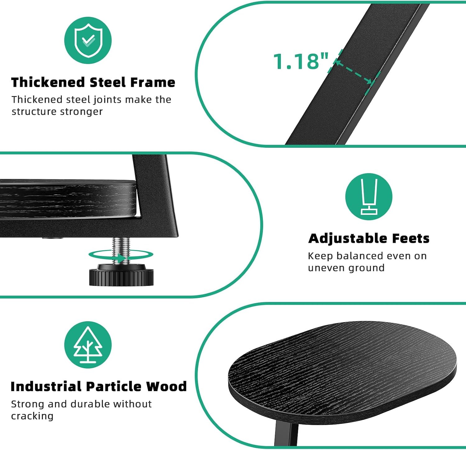 Kalrin Side Table, Small End Table with Metal Frame, 3-Tier Bedside Tables, Round Side Tables for Living Room Bedroom Couch Bathroom, Oval, Pure Black