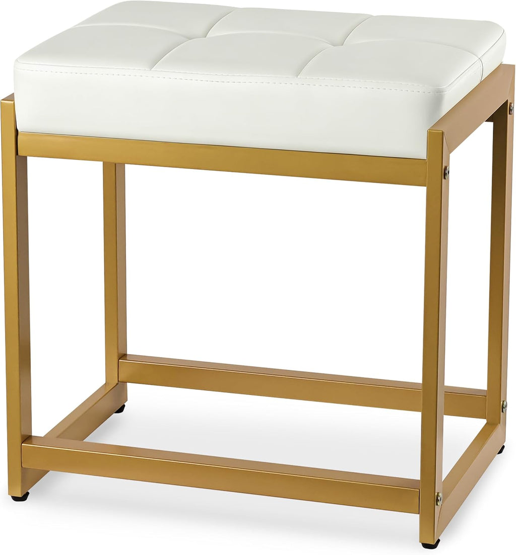 Vanity Stool, Vanity Chair Stools with Reinforced Metal Legs, Faux Leather Upholstered Ottoman Bench for Bedroom, Living Room, Small Modern Makeup Chairs for Dressing Table, White&Gold
