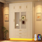 Hlivelood Large Armoire Wardrobe Closet Cabinet with Drawers and LED Lights, Multi-Tier Shelves, Hanging Rod, Large Capacity Storage 4 Door Wardrobe Armoire with Top Cabinet for Bedroom, White