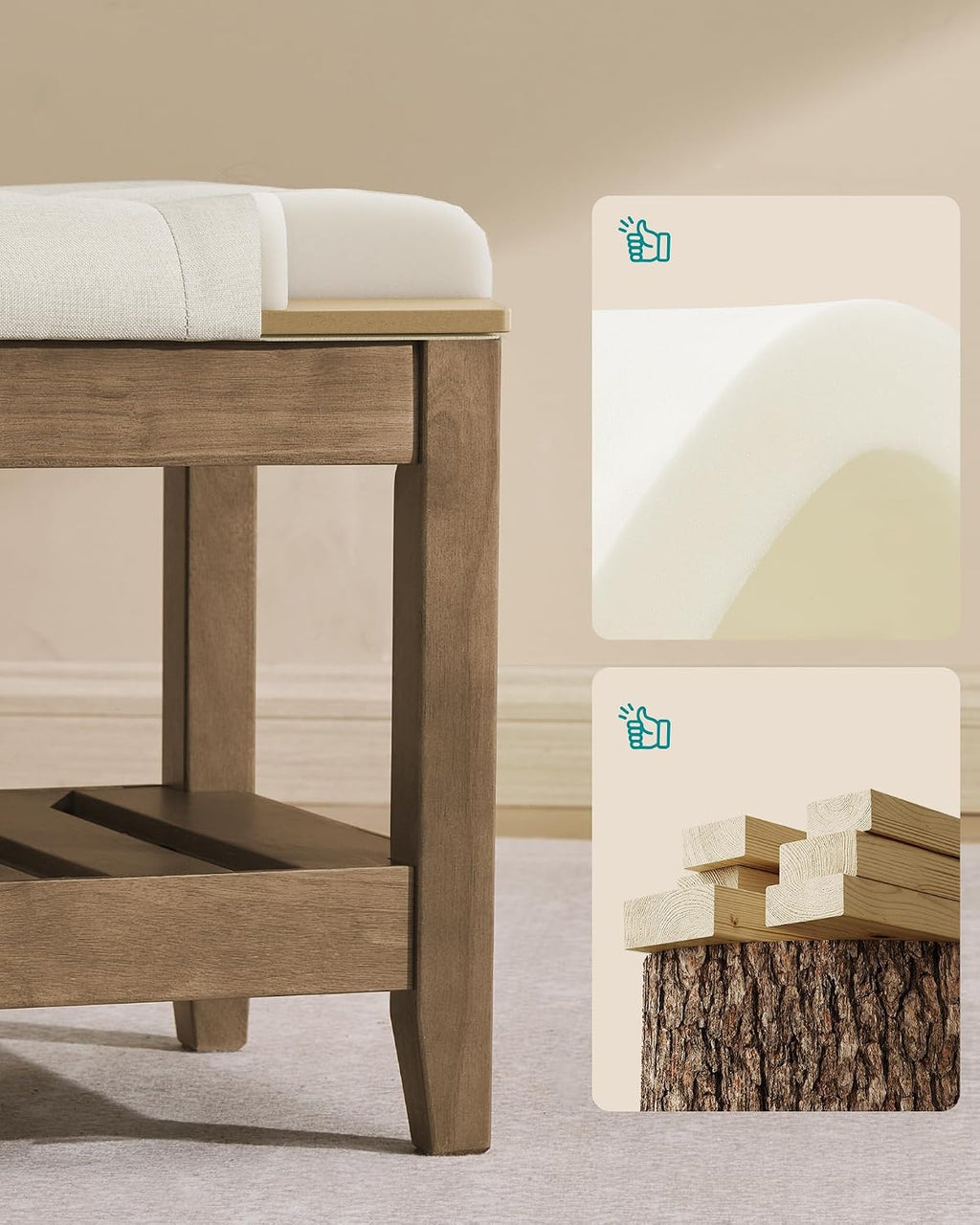 SONGMICS Storage Ottoman with Solid Wood Frame, 42.9 x 15.7 x 17.7 Inches | Upholstered Bed Bench, Footrest, Tufted Cushion, Easy Assembly, Summer Sand, MARY Collection ULSF009LF01