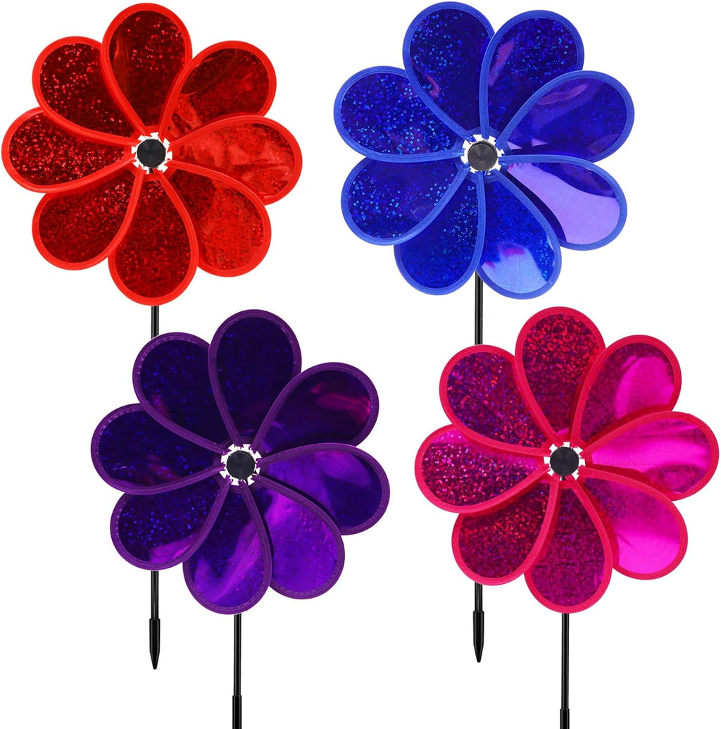 4PCS Flower Wind Spinner Sparkly Lawn Pinwheel 11.8 inch Colorful Rainbow Garden Windmill for Garden, Party, Outdoor, Yard Decor
