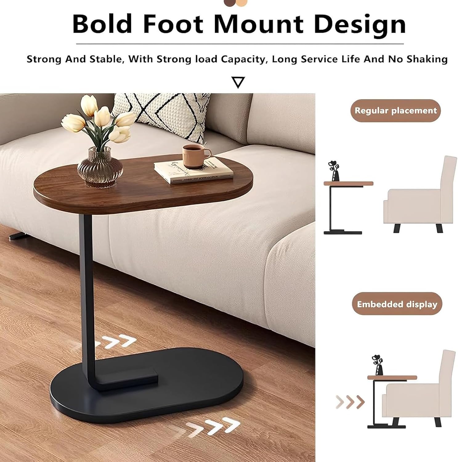 Small Side Table End Table, C-Shaped Wood Coffee Table TV Tray for Eating Couch Tables for Small Space, Living Room, 12 x 18 inch Top, 24.5 inch Height, Metal Frame (Walnut & Black)