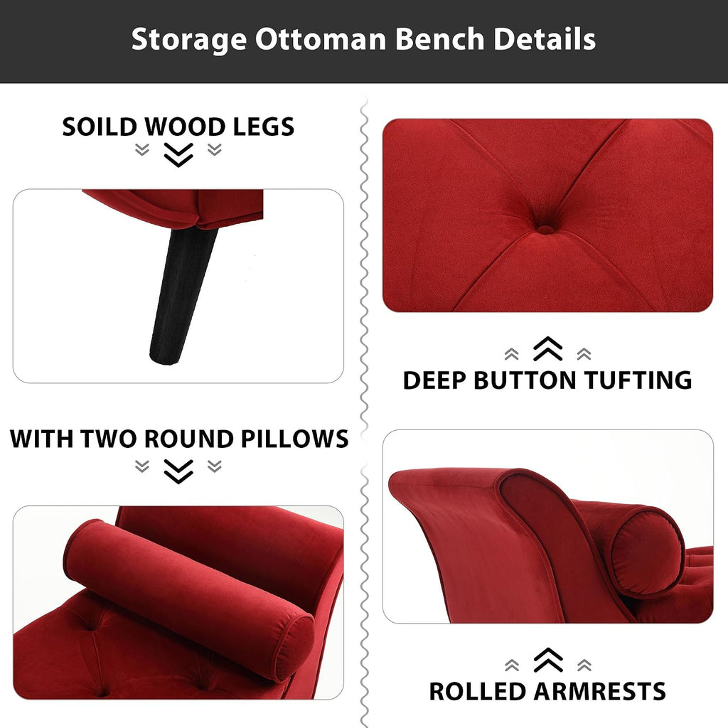 65" Storage Benches Velvet End of Bed Bench Storage Ottoman with Button-Tufted Large Upholstered Window Bench with Storage Shoe Cabinet Bench, for Bedroom, Entryway, Closet(Red)