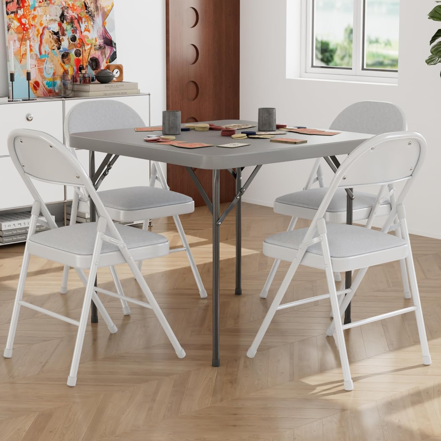 VECELO 5 Piece Folding Card Table Square and Chairs Set, Collapsible Legs & Portable for Indoor/Outdoor, Picnic, Grey & Light Grey