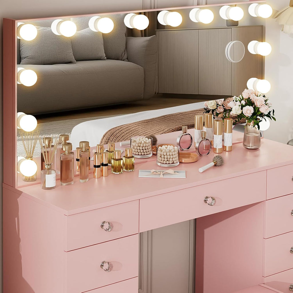 VOWNER Vanity with Lighted Mirror - Makeup Vanity Desk with Lights | Women Vanity with 11 Drawers, 3 Color Lighting Modes Adjustable Brightness, 46" Makeup Desk with Stool for Bedroom, Pink