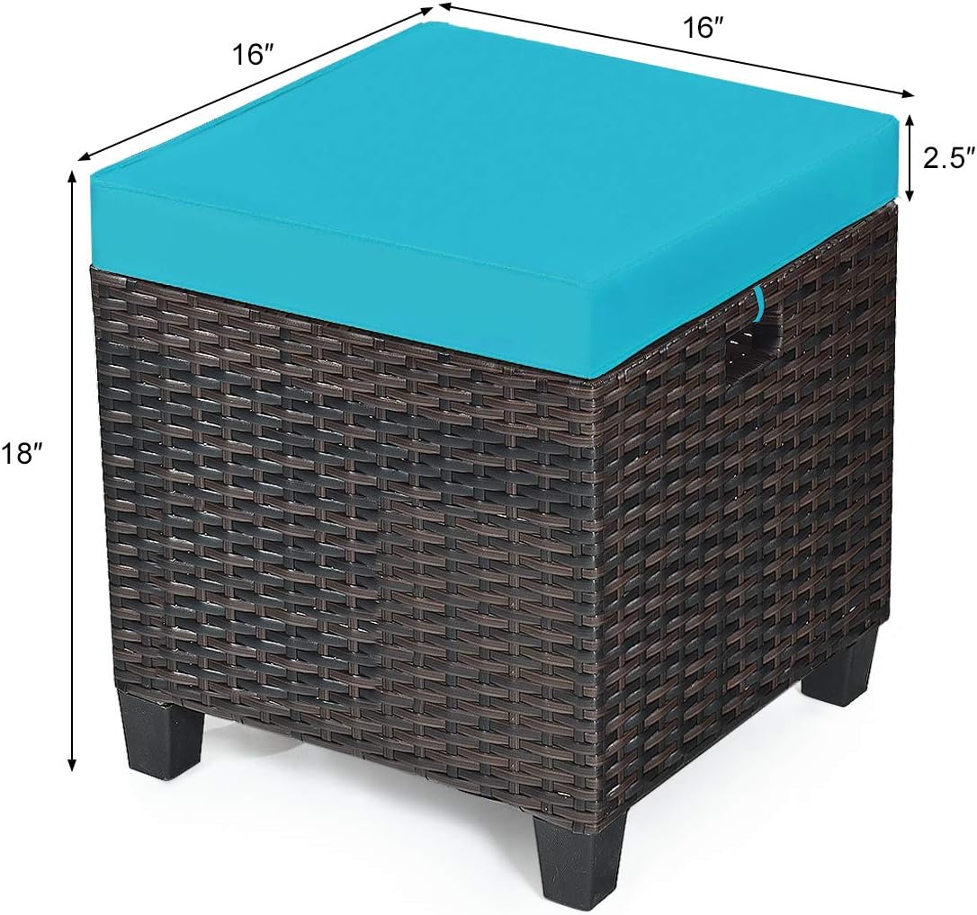 2PCS Patio Outdoor Ottomans, Rattan Wicker Ottoman Seat w/Removable Cushions, Rattan Footstool Footrest Seat, Patio Wicker Furniture Small Chair for Home,Patio, Garden, Backyard (Turquoise)