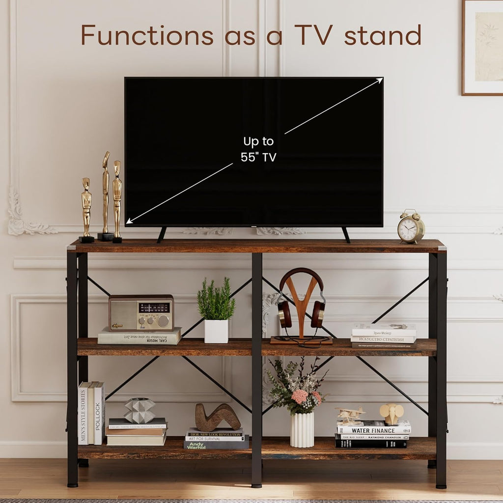 47" 3 Tier Industrial Book Shelf, Free Standing Horizontal Low Metal Rustic Farmhouse Book Case with Wood Shelves for Home Office, Den, or Living Room Rustic Brown and Black