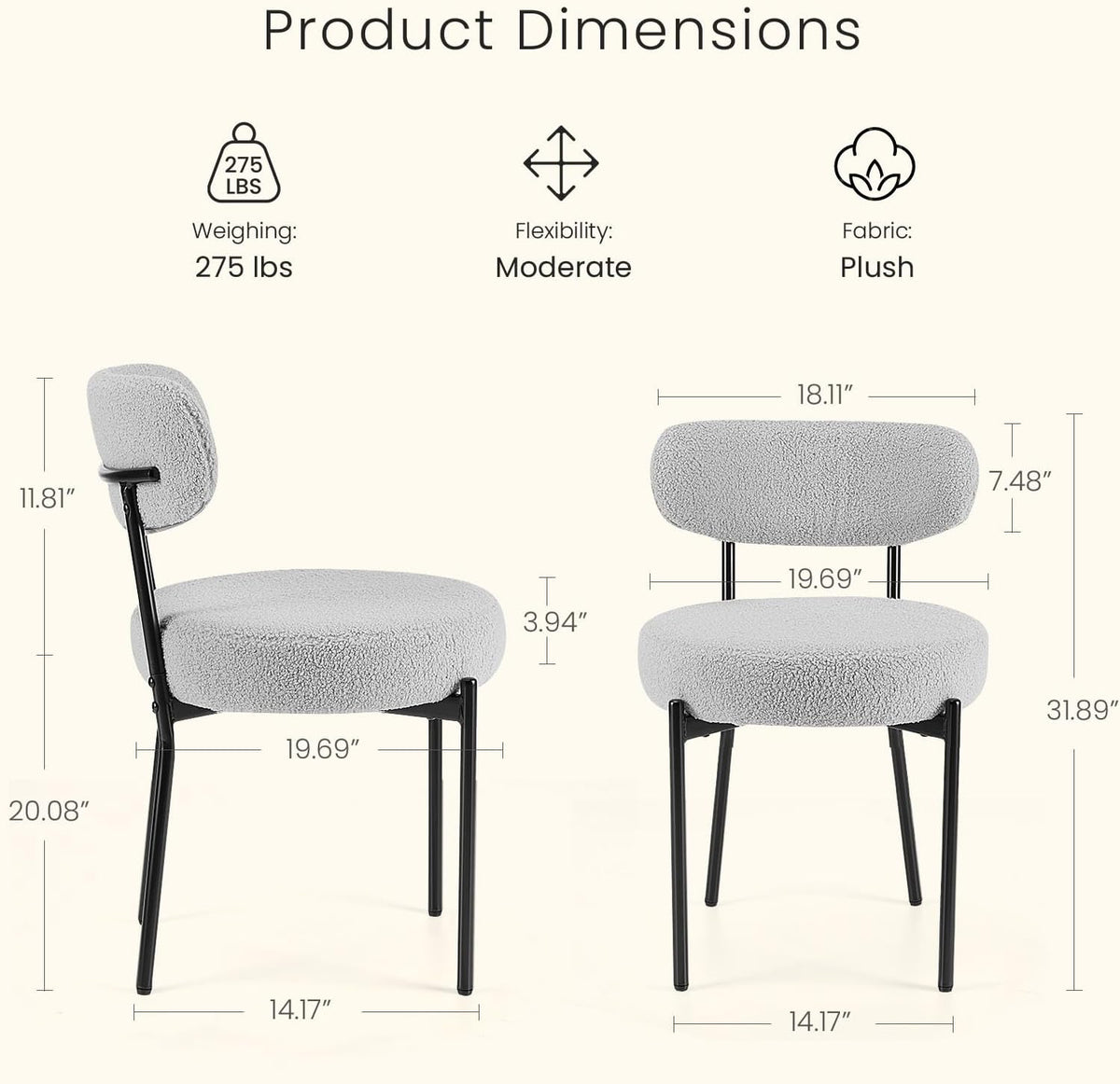 NEWBULIG Dining Chairs Set of 4, Mid Century Modern Dining Room Kitchen Side Chair with Fabric Upholstered Seat, Curved Backrest and Black Metal Legs, Grey