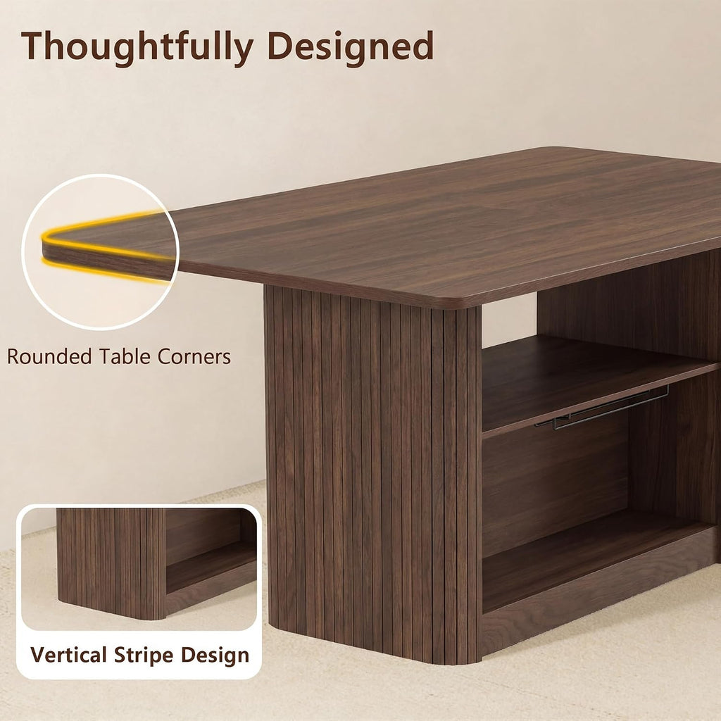 FUQARHY 63" Dining Table with Storage, Fluted Rectangular Kitchen Table for 6 with 2-Tier Storage Shelf, Farmhouse Wood Table (Walnut)