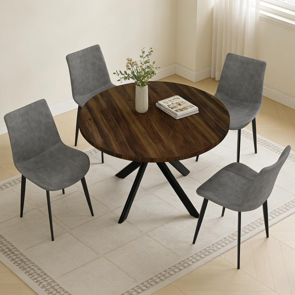 44" Round Dining Table with Chair Set for 4, Modern Mid-Century Dining Table Set of 4, Cozy Dinette Sets with Metal Leg for Kitchen Dining Room Apartment(Walnut Table + Gray Chairs) | Cushioned Minimalist Gray Chairs of 4, Mid-Century Walnut Tabletop