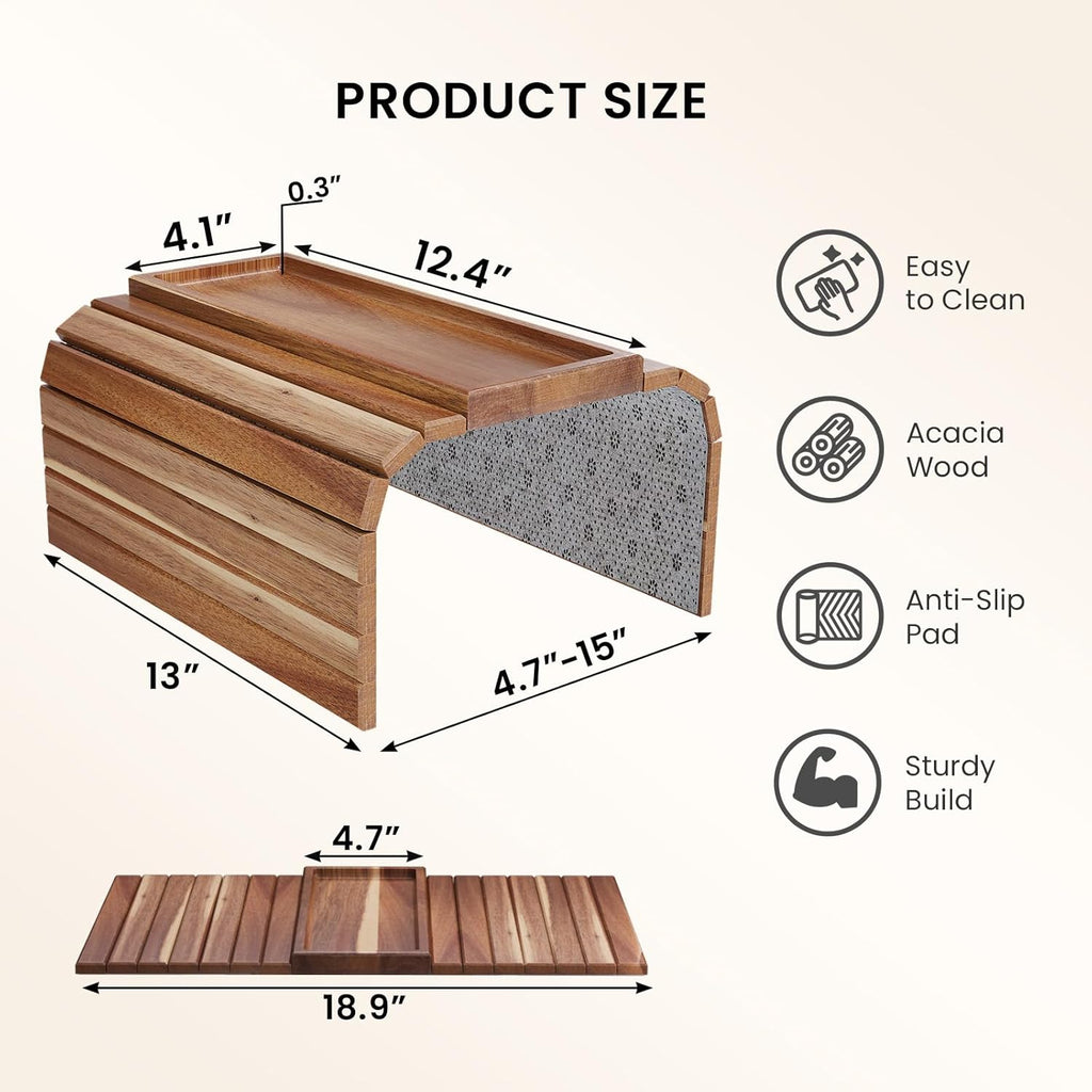 Sofa Arm Tray,Acacia Wood Folding Couch Arm Tray,Sofa Armrest Trays with Anti-Slip Pad for Drinks,Snacks,Phone,Remote Control 2 PC