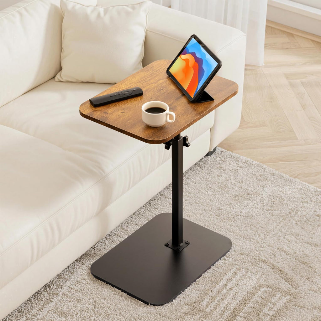 ZEAPTAC C-Shaped Side Table, 360° Swivel Height Adjustable, Lightweight Portable TV Tray Snack End Table for Couch Sofa Bed Small Spaces-Dark Brown Wood