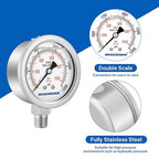 MEASUREMAN Fully Stainless Steel Hydraulic Glycerin Filled Pressure Gauge, 2-1/2" Dial Size,0-15000psi/bar,1/4" NPT Lower Mount