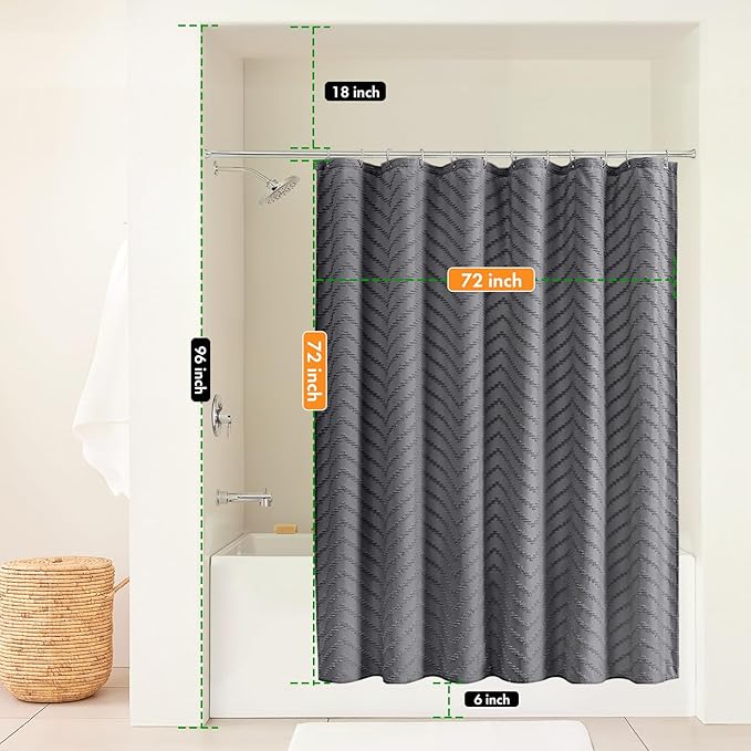 Boho Gray Shower Curtain Tufted Chevron Striped Shabby Chic Textured Cloth Shower Curtains for Bathroom, Modern Farmhouse Waterproof Shower Curtain, 72x72