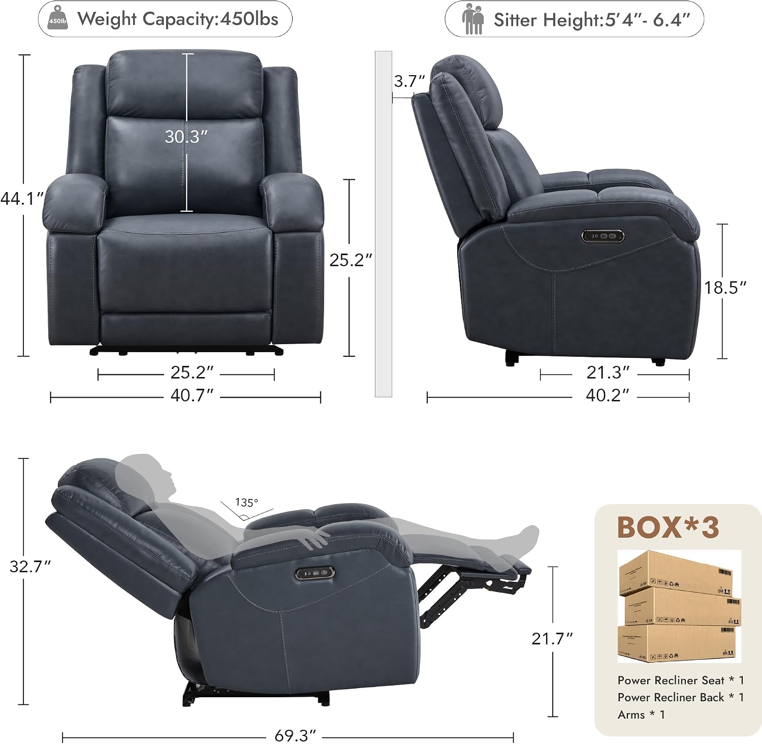 Watson & Whitely Oversized Genuine Leather Power Recliner Chairs for Big and Tall, Wall Hugger Recliner with Power Headrest & Charging Ports, Extra Large Reclining Chair for Living Room, Navy Blue