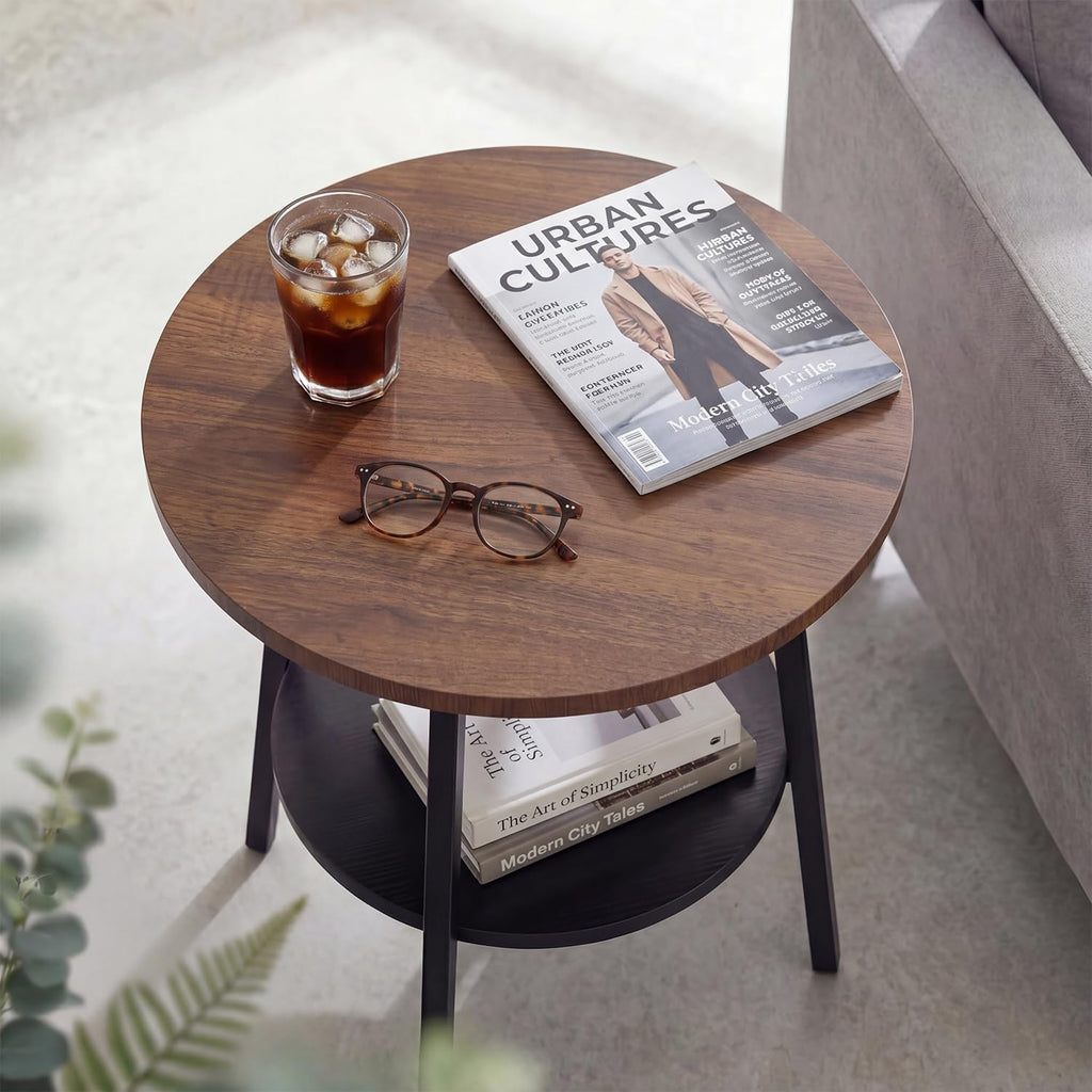 Round End Table, 2-Tier Side Table with Storage Shelf for Small Spaces, Nightstand for Living Room, Bedroom, Metal Frame & Wood Top, Walnut