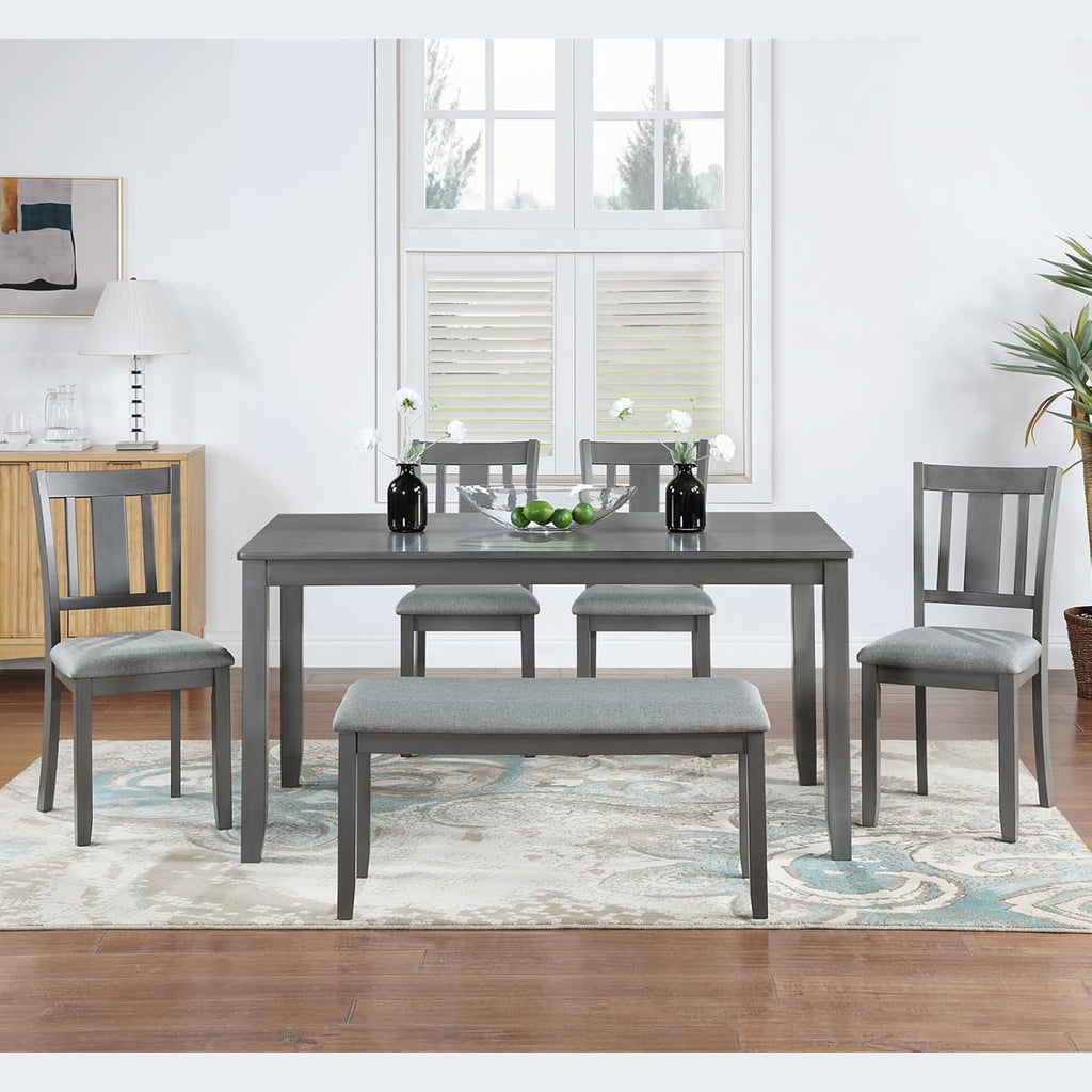 KEIKI 6-Piece Standard Height Dining Table Set with Rectangular Table, 4 Upholstered Slatted Backrset Chair, Bench, for 6 Person, Modern Style Table Set, Easy Assembly, for Kitchen, Dining Room, Gray